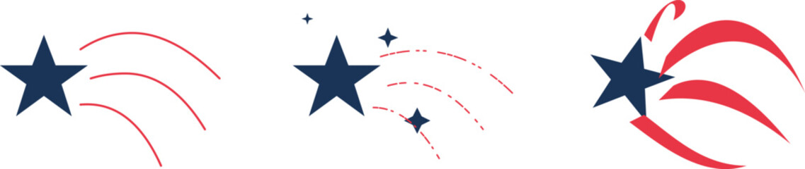 Patriotic shooting star icons set, red and blue celestial comet vector graphics, American flag style star trails for Fourth of July designs © Malik