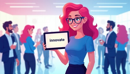 Obraz premium Woman holds tablet showing word innovate. Diverse team in office background. Focus on idea sharing and new tech adoption. Business meeting, brainstorming session.