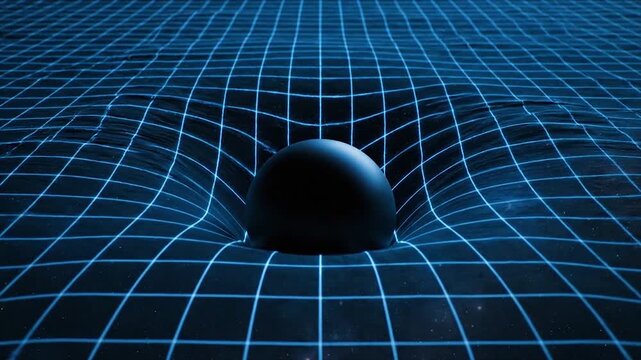 Glowing blue grid lines converge toward a central black sphere representing a gravitational or scientific phenomenon.