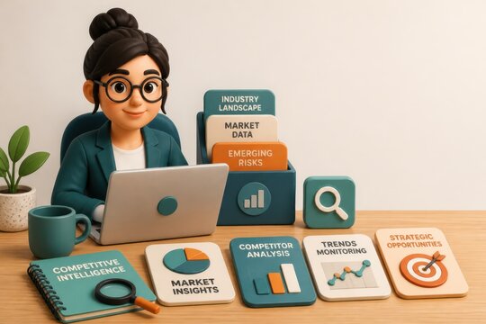 3D Business Analyst with Market Data Dashboard and Strategy Cards on Desk