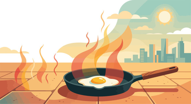 Frying an egg on hot pavement under the blazing summer sun for a scorching heatwave culinary metaphor food illustration