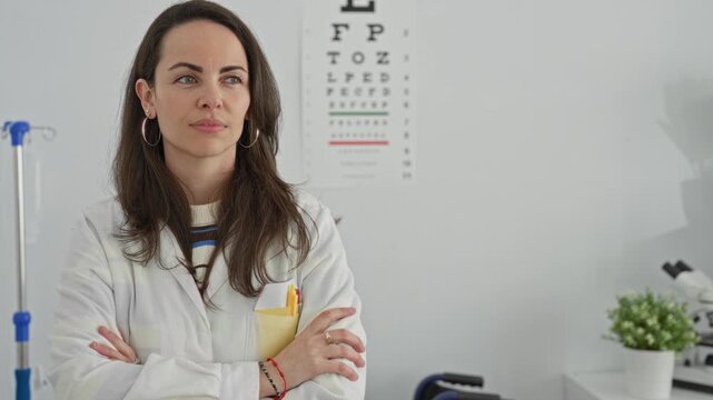 Young hispanic woman optician in white coat with arms crossed holding a folder beside an eye chart and microscope in clinic building; calm professionalism.