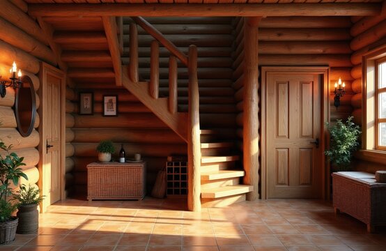 Rustic log home interior features wood construction. A grand wooden staircase connects floors. Warm light spills across tiled floor. Cozy ambiance fills living space.