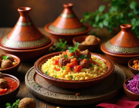 North African tagine dish with couscous, meatballs, and vegetables. Served in traditional clay pottery with spices. Authentic Middle Eastern meal on rustic table. Feast for senses.