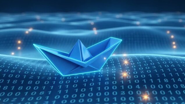 Blue origami paper boat floating on digital binary code ocean surface made of digital circuit board patterns,