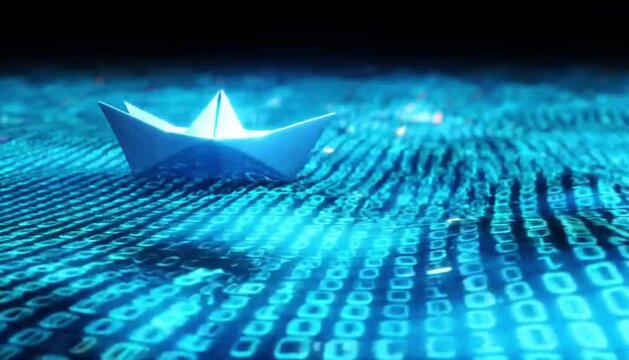 Blue origami paper boat floating on digital binary code ocean surface made of digital circuit board patterns,