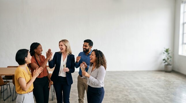 Diverse business team celebrating success with champagne and high fives