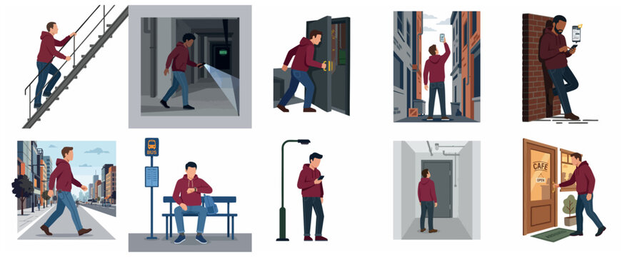 Flat vector illustration of a man in a red hoodie climbing metal fire escape stairs outdoors