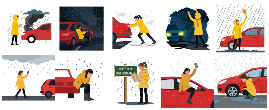 Woman in yellow raincoat facing car breakdown and emergency situations during heavy rain storm flat vector illustration set