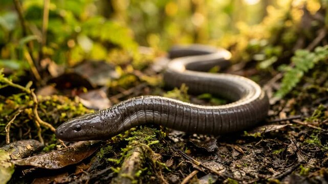 caecilian close up in amazon rainforest golden light video