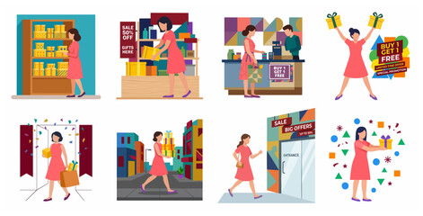 Fototapeta premium Set of Flat Illustrations Showing a Woman Shopping for Gifts and Enjoying Sales and Promotions