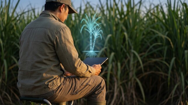 Agricultura de precis&atilde;o: Agr&ocirc;nomo no campo de cana-de-a&ccedil;&uacute;car usando tablet com holograma de g&ecirc;meo digital e intelig&ecirc;ncia artificial.