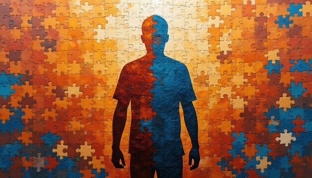 Man silhouette formed by puzzle pieces in contrasting colors. Represents diversity integration or split personality concept. Used for psychology mental health and team building topics.
