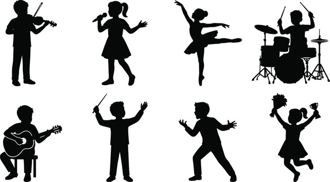 Children Performing Arts Silhouette Collection Featuring Music, Dance, Singing and Creative Expression