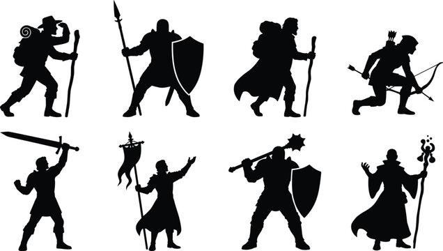 Fantasy Adventure Character Silhouette Set Featuring Warrior Archer Mage Explorer and Medieval Hero Figures