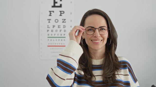 Woman adjusts glasses with right hand while smiling in an eye exam room with snellen chart on wall, undergoing vision test in clinic building; confidence.