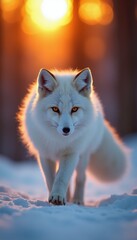 Fototapeta premium Arctic fox walks on snow. White fur animal moves through icy landscape during golden hour sunset light. Wild predator searches prey in winter arctic nature.