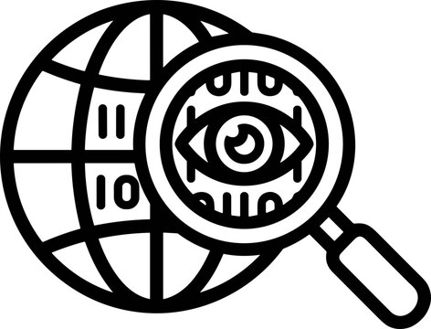 Magnifying glass over globe with binary code, symbolizing data analysis and internet search
