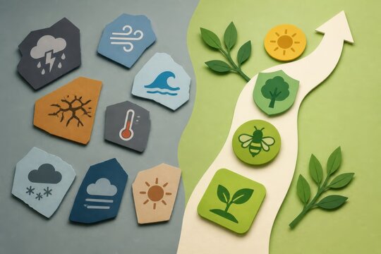 Hopeful climate action concept with paper icons and a rising sustainable path