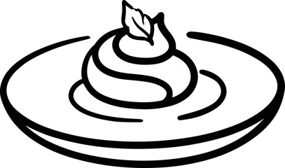 Dessert icon, stylized cream swirl with mint leaf on a plate, simple line art © Brian
