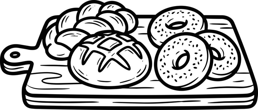 Hand-drawn Bakery Assortment: Bagels, Bread Loaf, and Braided Pastry on Cutting Board