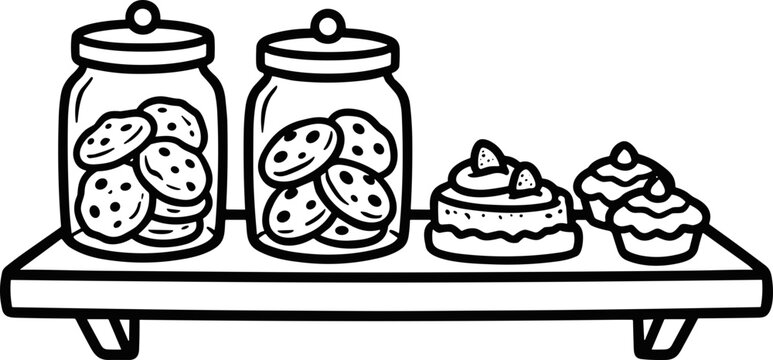 Hand-drawn cookie jars and pastries on a shelf, black and white line art illustration
