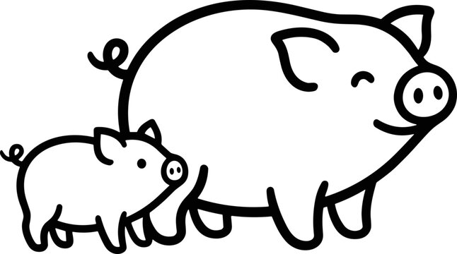 Cute Cartoon Pig Family - Mother and Baby Piglet, Simple Line Art