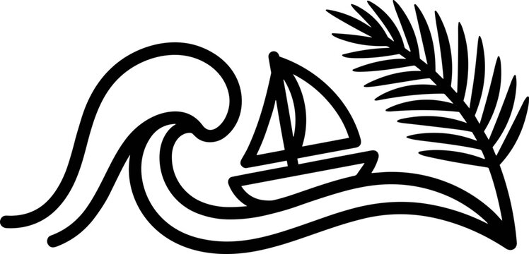 Minimalist sailboat on ocean wave with palm leaf, simple line art vector illustration