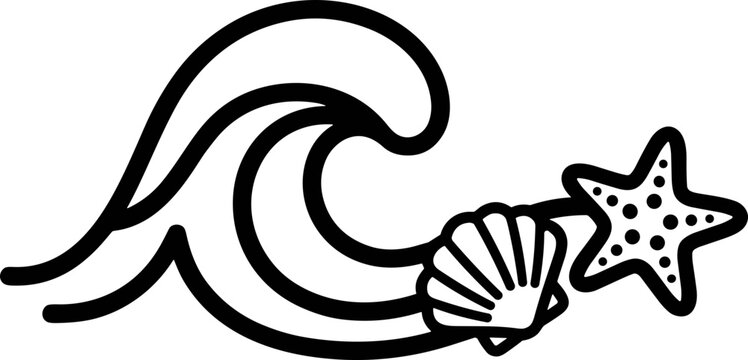 Stylized wave with seashell and starfish illustration, simple line art, ocean theme