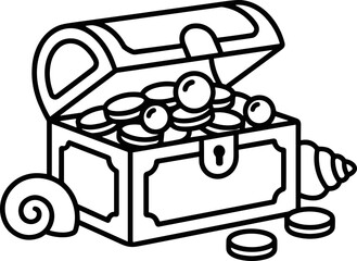 Treasure Chest Filled with Coins and Seashells, Outline Illustration © Brian