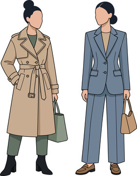 Business Woman Fashion Flat Illustration Trench Coat Suit Vector Set