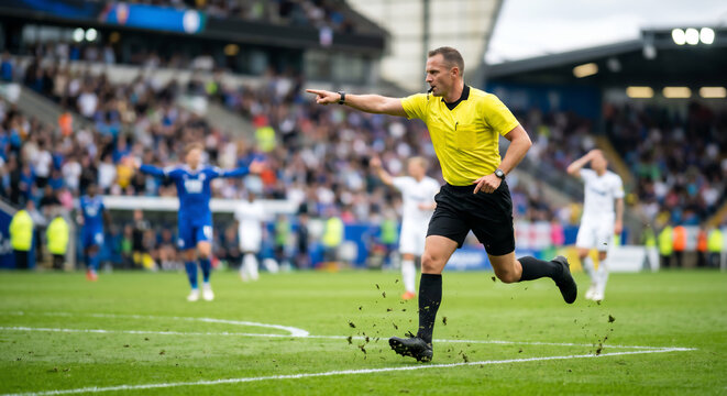 Dynamic action shot of a soccer referee running and blowing a whistle during a football match