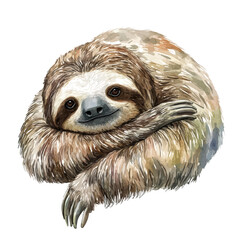 Maned Sloth, watercolor clipart showcasing whimsical details and harmonious color flow, isolated on a white background. © trovexa