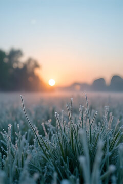 Frosted grass blades in a field at sunrise a scenic outdoor photograph with a soft color palette frost winter frozen