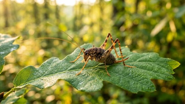 camel cricket on green leaf in pacific northwest forest golden light video