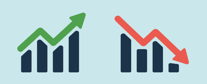 Market Trend: Upward and downward bar chart with arrows showing market performance, representing growth and decline.