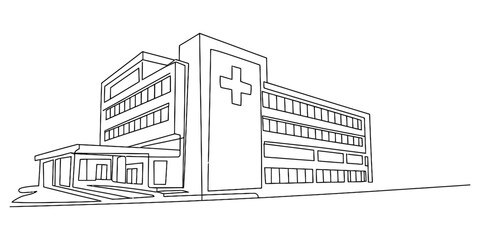 Naklejka premium Hospital building with a large cross symbol, line art drawing