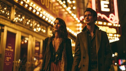 Obraz premium A stylish young woman in layered boho-black and earthy tones walks beside an athletic man in a tailored coat toward a glowing theater entrance, romantic and confident, warm marquee lighting, medium