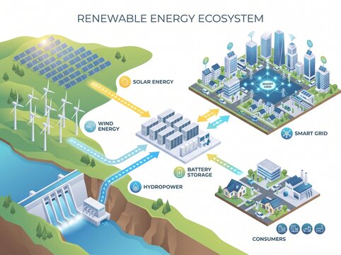 Renewable energy sources powering a sustainable city with solar panels wind turbines hydroelectric dam and smart grid technology efficiently