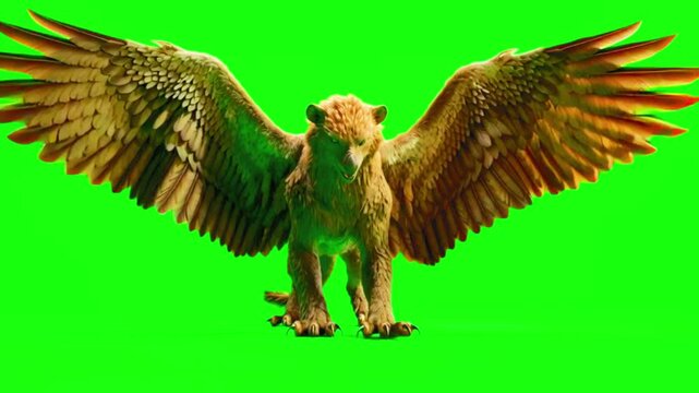 Lion with wings spread on green screen background, chroma key
