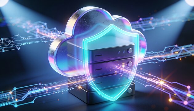 Cloud server infrastructure protected by digital firewall, cybersecurity and data protection concept, secure cloud services and modern IT network security illustration