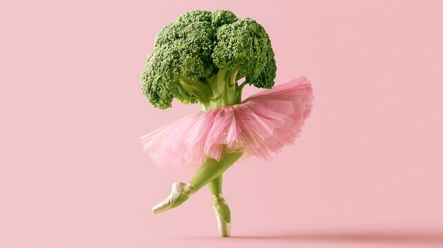 Broccoli transformed into a graceful ballerina. Balancing on one pointe shoe while wearing a fluffy pink tutu. Representing vibrant health. Artistic expression