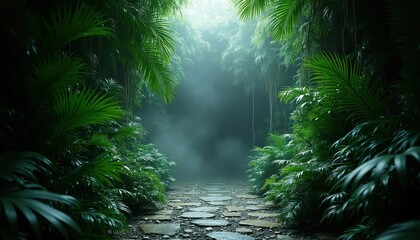 Obraz premium Stone path leads through dense green jungle foliage and soft mist. Lush leaves and vines create a mysterious natural tunnel opening to bright light.
