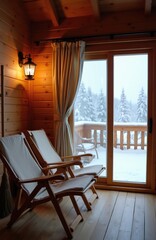 Obraz premium Cozy wooden lodge interior with chairs and snowy forest view from terrace. Warm light from lamp on wood panel wall. Chairs face glass door leading to winter landscape.
