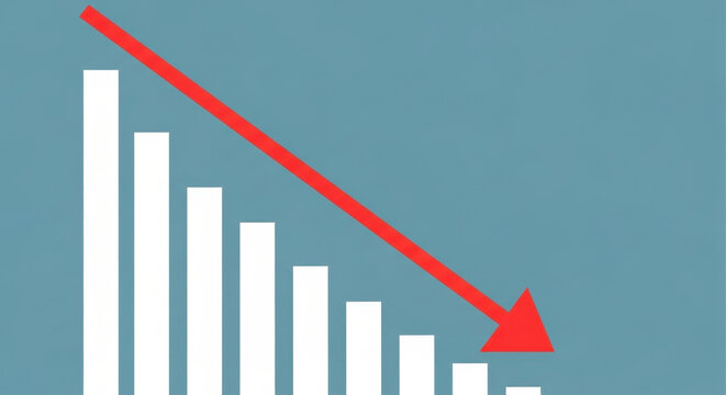 Descending bar chart representing economic downturn financial crisis or loss depicted by red arrow pointing downwards on blue background surface.