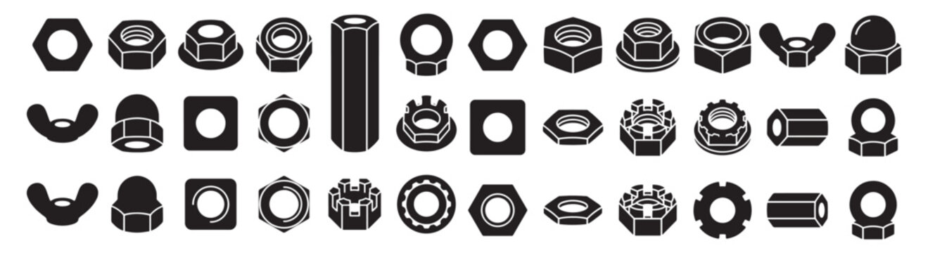 Hardware Fastener Icons Set &mdash; Nuts, Bolts, Washers and Mechanical Fasteners Silhouette Collection