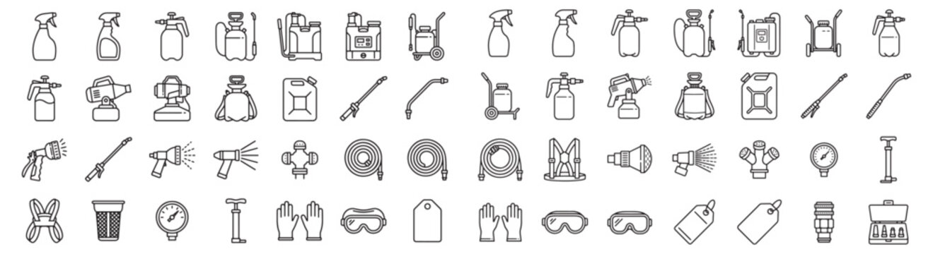 Sprayer And Hose Icon Set - Gardening, Pressure Washing And Protective Equipment Outline Symbols