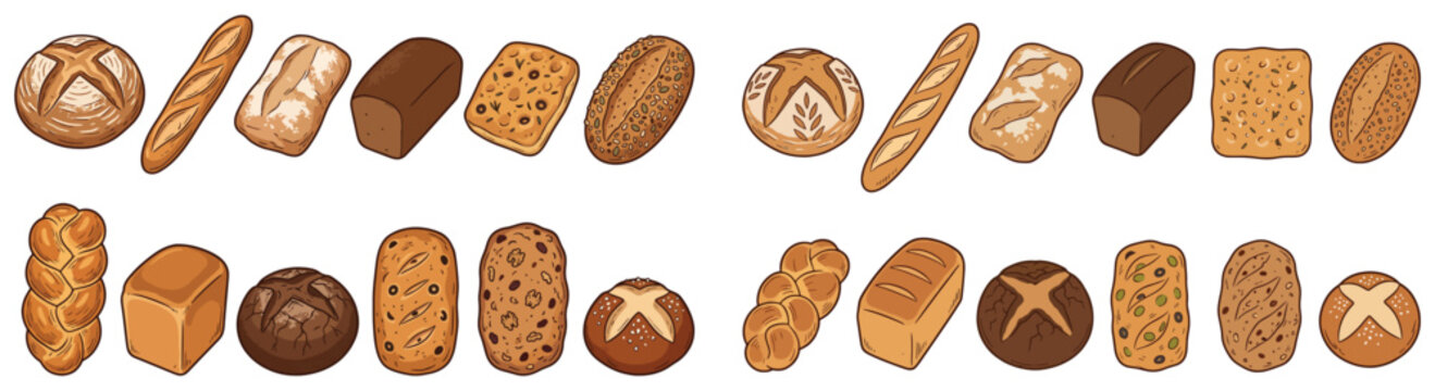 Assorted Breads And Pastries Illustration Set &mdash; Artisanal Loaves, Baguette, Ciabatta, Multigrain And Rye