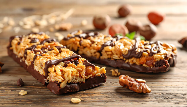 Two chocolate drizzled granola bars with nuts and grains on rustic wooden surface