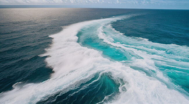 Estela curva de espuma blanca en el mar turquesa
